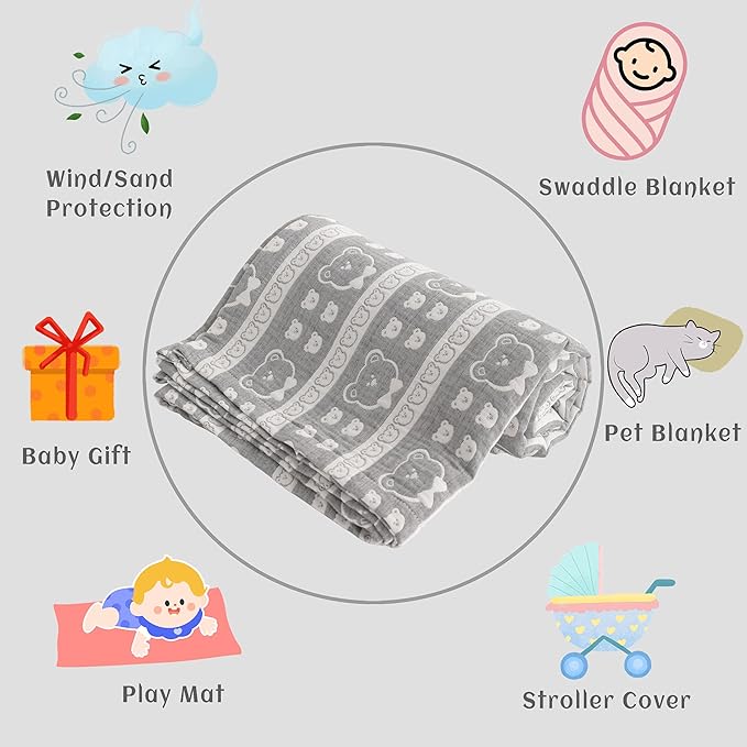 NTBAY 3 Layer Muslin Cotton Toddler Blanket, Jacquard Reversible Nursery Bed Blanket, Super Soft and Thermal for All Seasons, Decoration Gift, 30"x40", Dark Grey Bear
