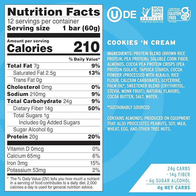 No Cow High Protein Bars, Cookies 'N Cream - Healthy Snacks, 20g Vegan Protein, High Fiber, Low Sugar, Keto Friendly, Dairy & Gluten Free (12 Count)