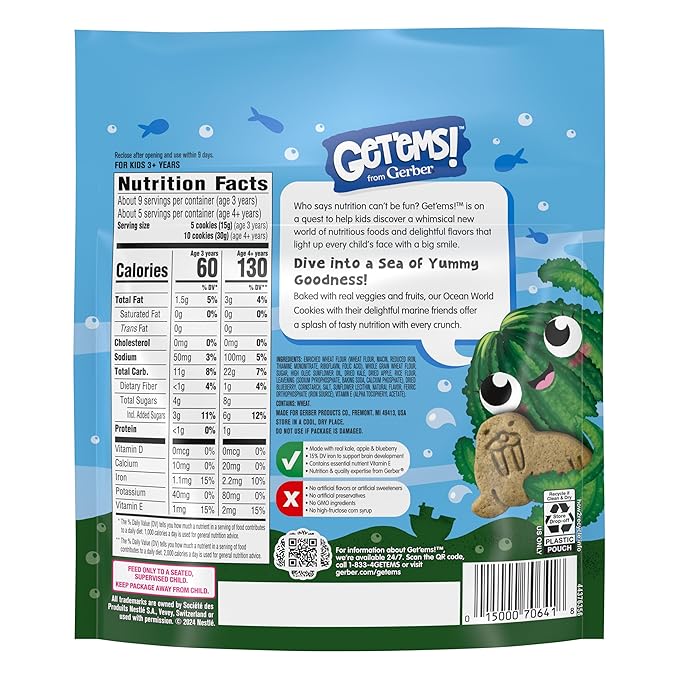 Get'ems! from Gerber, Snacks for Kids, Kale, Apple & Blueberry Ocean World Cookies, Made with Real Veggies & Fruits, Iron & Vitamin E - 4 pack