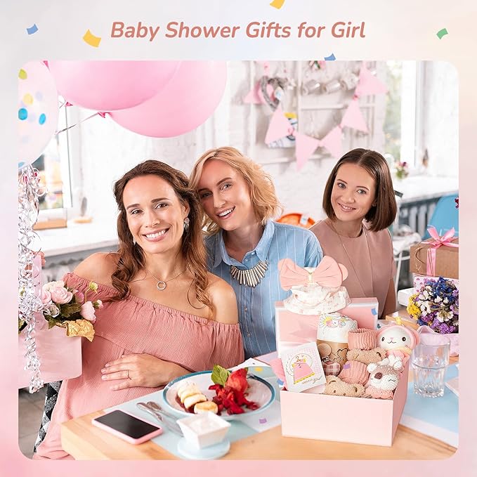 10 PCS Baby Gift Set for Girls, Newborn Essentials Stuff Baby Girl Gifts, Baby Girl Gift Basket, Gender Reveal Gifts Basket with Rattle Swaddle Blanket