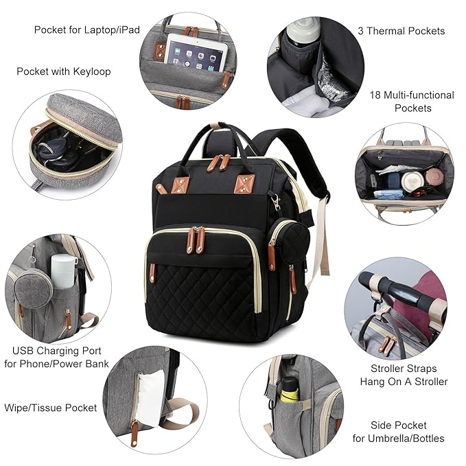 Diaper Bag with Changing Station, Waterproof Baby Bags for Boys & Girls, USB Charging Port for Parents, Must-Have Baby Essentials & Lovely Baby Shower Gifts, Black