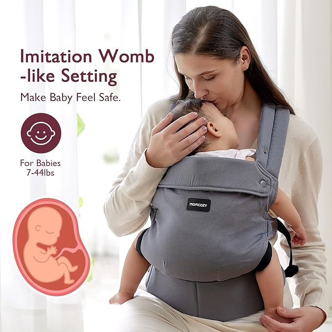 Momcozy Baby Carrier - Ergonomic, Cozy and Lightweight Carrier for 7-44lbs, Effortless to Put On, Ideal for Hands-Free Parenting, Enhanced Lumbar Support, Purehug for Infant to Toddler, Grey