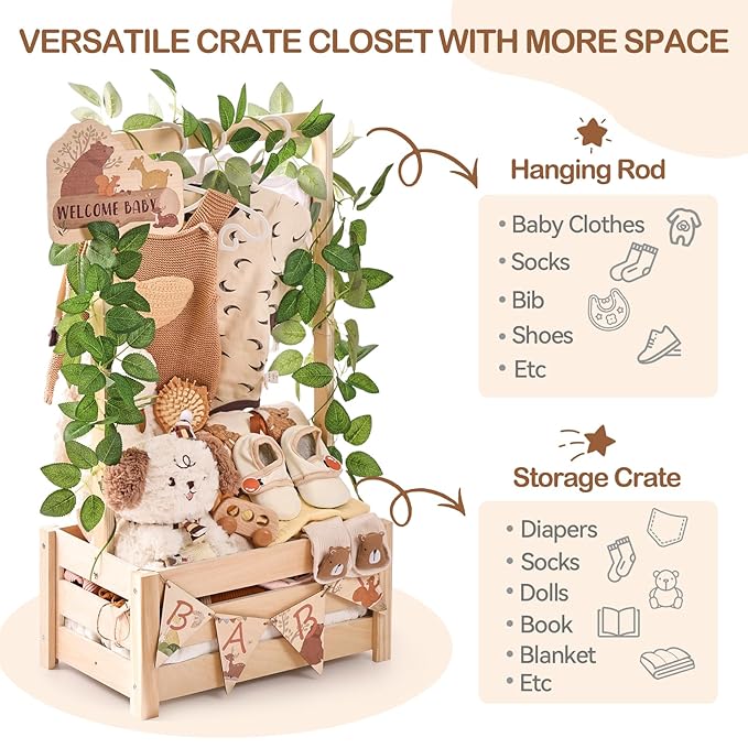 Wooden Baby Shower Crate Closet - Forest Animals Themed Personalized Crate with Hangers & Decorative Accents, Easy Assembly Natural Wood Gift Basket Ideal for Baby Shower & Nursery Storage