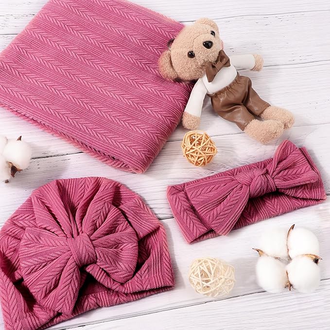 Newborn Receiving Blanket with Bow Hat Headband Wooden Card Set Wheat-Pattern Newborns Toddler Baby Boy Girl Nursery Swaddle Wrap