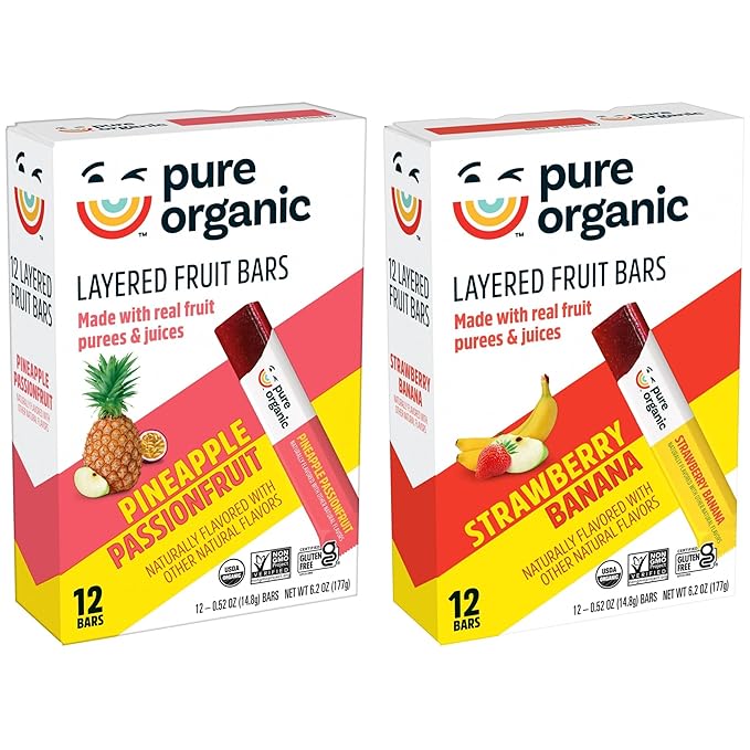 Pure Organic Layered Fruit Bars, Gluten Free, Vegan Fruit Snacks, Variety Pack, 12.4oz Box (24 Bars)