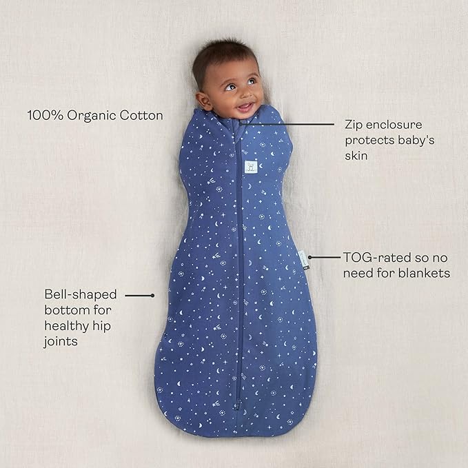 ergoPouch Cocoon Swaddle Sack 0.2 TOG - Baby Sleep Sack, Gentle Snug Fit Helps Calm Startle Reflex, Ideal for Arms In/Out Sleeping, Soft Breathable Fabric for Better Sleep (0 Months, Night Sky)