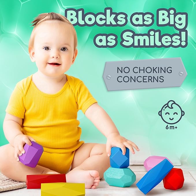 Wooden Stacking Blocks β Montessori Toys for 1 2 3 4 5 6 Year Old Toddlers and Kids, No Choking Hazard β Building Rocks Stones Games, for Girls and Boys
