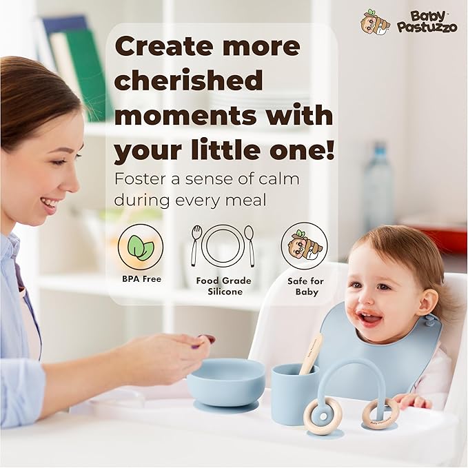 Set of Silicone Feeding Set 6 in 1 and Educational Montessori Toys, for Baby and Infant Toddlers (Dusty Blue)