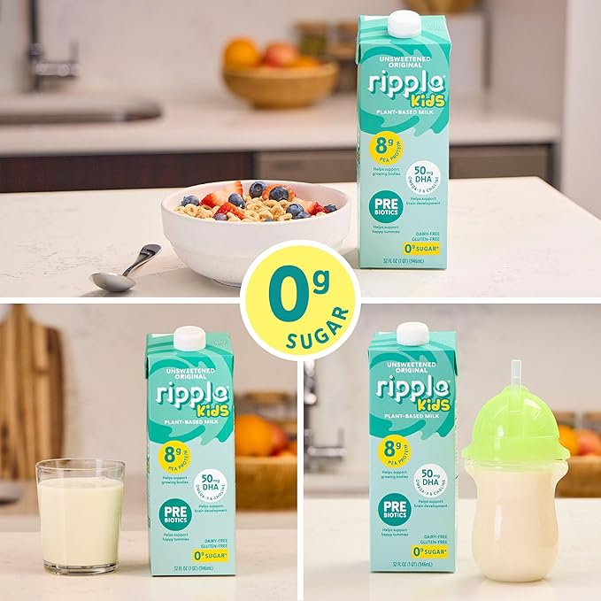 Ripple Kids Unsweetened Plant Based Milk | Pediatrician Recommended | 8g of Pea Protein | Shelf Stable | Vegan & Non GMO | Dairy, Soy, Nut, Gluten, & Lactose Free | 32 Fl Oz Cartons (Pack of 6)