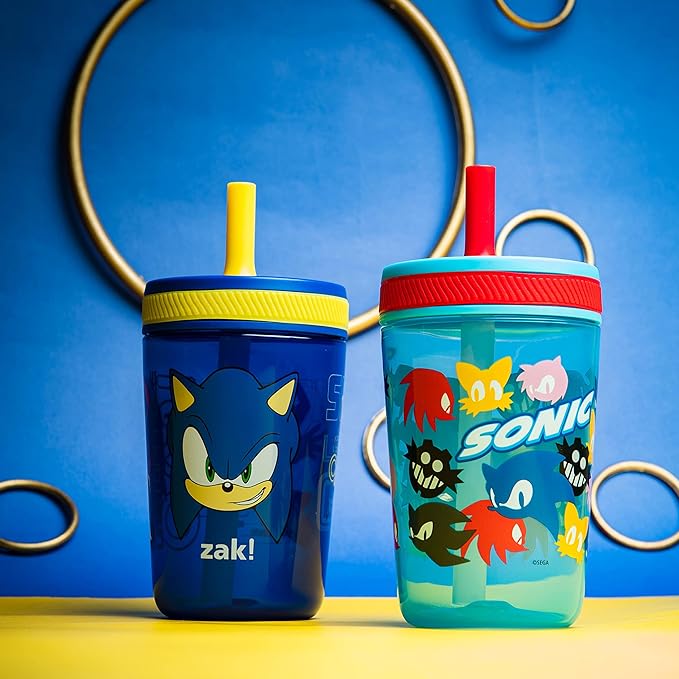 Zak Designs Sonic the Hedgehog Kelso Toddler Cups For Travel or At Home, 15oz 2-Pack Durable Plastic Sippy Cups With Leak-Proof Design is Perfect For Kids (Sonic)