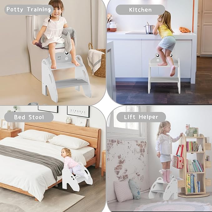 Frog-Themed Toddler Step Stool, 2-Step Stool for Bathroom Sink & Potty Training, Kids Kitchen Helper Stool with Safety Handles (Natural Wood, 120lbs Capacity),Gray