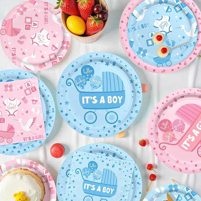 Baby Gender Reveal Decorations for 24 Guests - Boy or Girl Decorations Kit Including Disposable Plates, Napkins, Cups, Tablecloth & Banner for Baby Shower Party Decorations