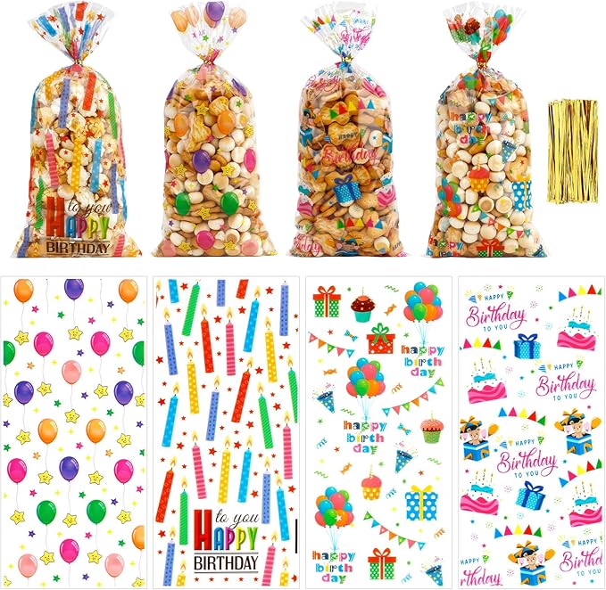 100 PCS Happy Birthday Cellophane Treat Bags(5.1x10.6 Inch) with Ties Colorful Plastic Goodie Candy Cookie Goody Loot Gifts Bags Bulk Pouches for Birthday Party Favors Supplies Decorations for Kids