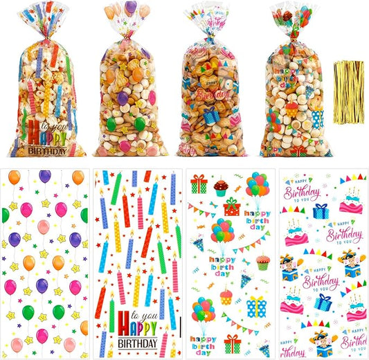 100 PCS Happy Birthday Cellophane Treat Bags(5.1x10.6 Inch) with Ties Colorful Plastic Goodie Candy Cookie Goody Loot Gifts Bags Bulk Pouches for Birthday Party Favors Supplies Decorations for Kids