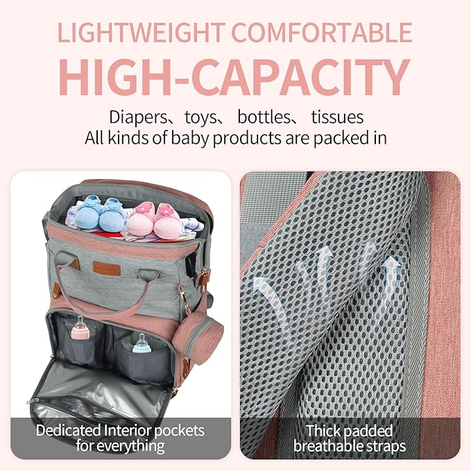 large diaper bag backpack,baby bag with changing station for Boys Girls,Multifunctional Diaper Bag,Mommy Bag With USB Charging Port(Pink Grey)