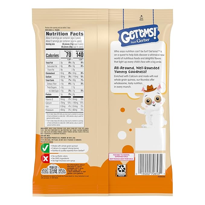 Get'ems! from Gerber, Snacks for Kids, Carrot Ranch Roundos Puffs, Made with Whole Grain Quinoa, Calcium to Support Strong Bones - 5 pack