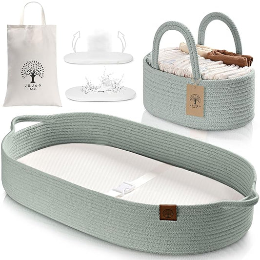 Baby Changing Basket Includes Diaper Caddy - Breathable & Waterproof Dual-Cover, Portable, Changing Pad for Dresser & Changing Table, Gift for Baby Shower, Cotton Rope Basket for Baby