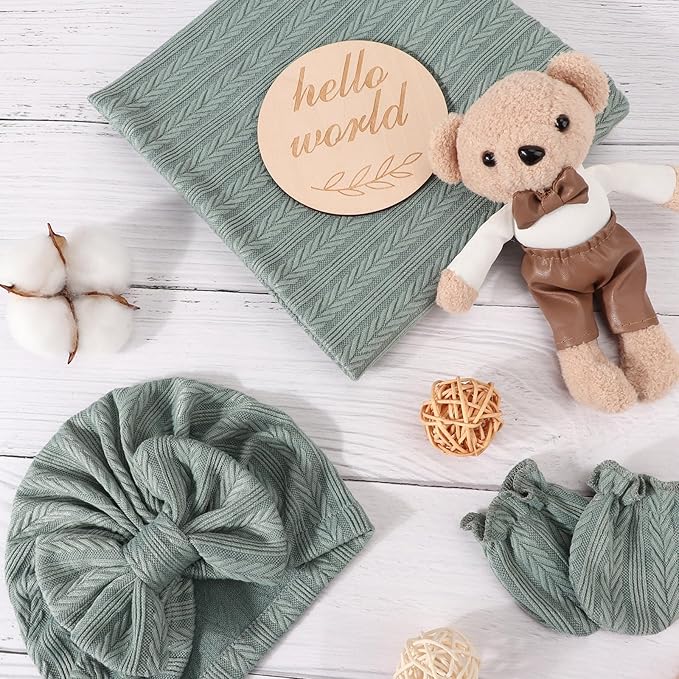 Newborn Receiving Blanket with Bow Hat Mittens Wooden Card Set Wheat-Pattern Newborns Toddler Baby Boy Girl Nursery Swaddle Wrap