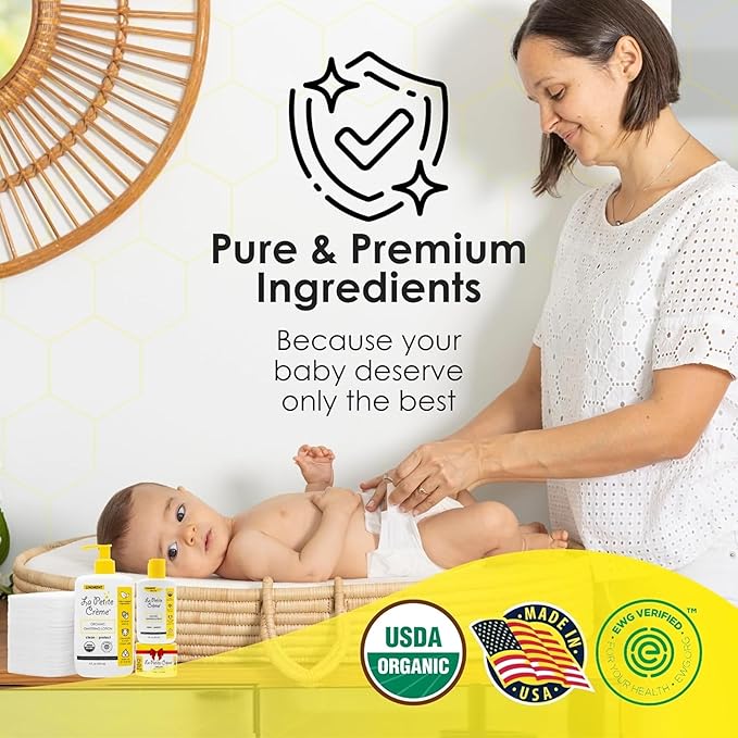 La Petite Creme Premium French Diapering Gift Set: Includes Organic Diapering Lotion (8 oz), Travel-size Liniment Baby Lotion (2 oz), 1 Travel-size Diaper Balm (1 oz), 50 Disposable Cotton Pads