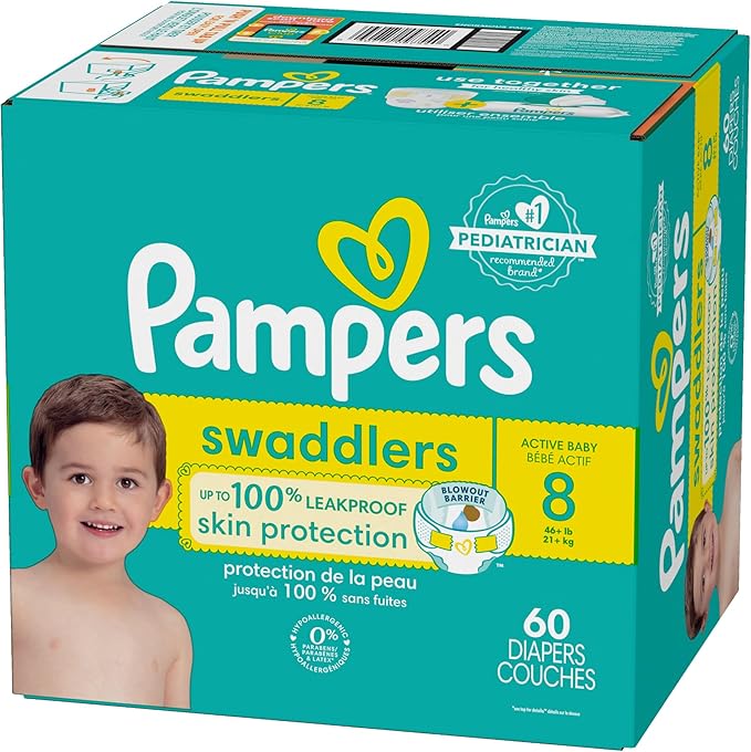 Pampers Baby Diapers - Swaddlers - Size 8, 60 Count, Ultra Absorbent Disposable Infant Diaper