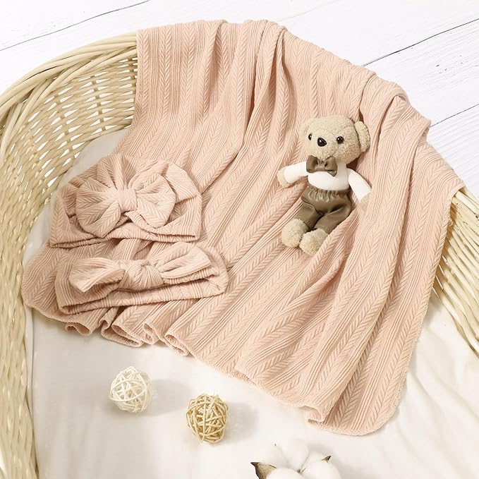 Newborn Receiving Blanket with Bow Hat Headband Wooden Card Set Wheat-Pattern Newborns Toddler Baby Boy Girl Nursery Swaddle Wrap
