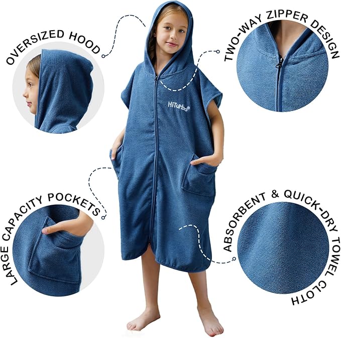 Hiturbo Kids Bath Towel Hoodie: Absorbent Quick Dry Zipper Surf Poncho - Changing Towels Swimming Outerwear (Navy)