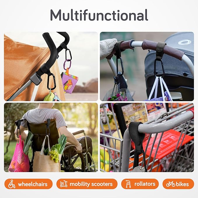Baby Uma Stroller Hooks for Bags (2 Pack) - Faux-Leather Stroller Clips and Hooks, Universal, 11 lb Weight Capacity per Carabiner, Adjustable & Non-Slip, Baby Travel Essential (Black)