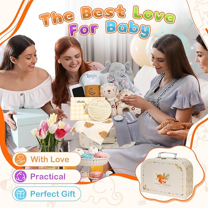 Newborn Baby Gift Basket, 10 Pcs Welcome New Baby Gift Baskets for Baby Boys Baby Girls, Quality & Cute & Funny Neutral Baby Essentials to Accompany Baby's Growth, New Baby Gift New Born Gifts