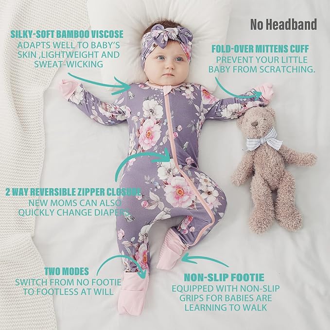 OPAWO Viscose from Bamboo Baby Pajamas Girl 2pack Mittens Cuff 2 Way Zipper Soft Footless Sleeper Baby Boy One-Piece Romper