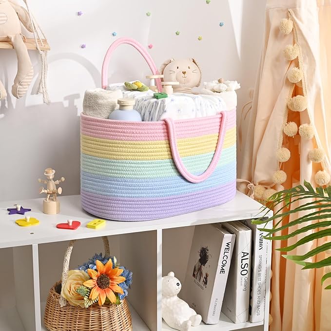 Baby Diaper Caddy Organizer, Cotton Rope Diaper Basket, Baby Basket for Changing Table, Nursery, Car, Changing Table Storage Bin With Removable Divider, Baby Shower Gifts for Newborn, Baby Essentials