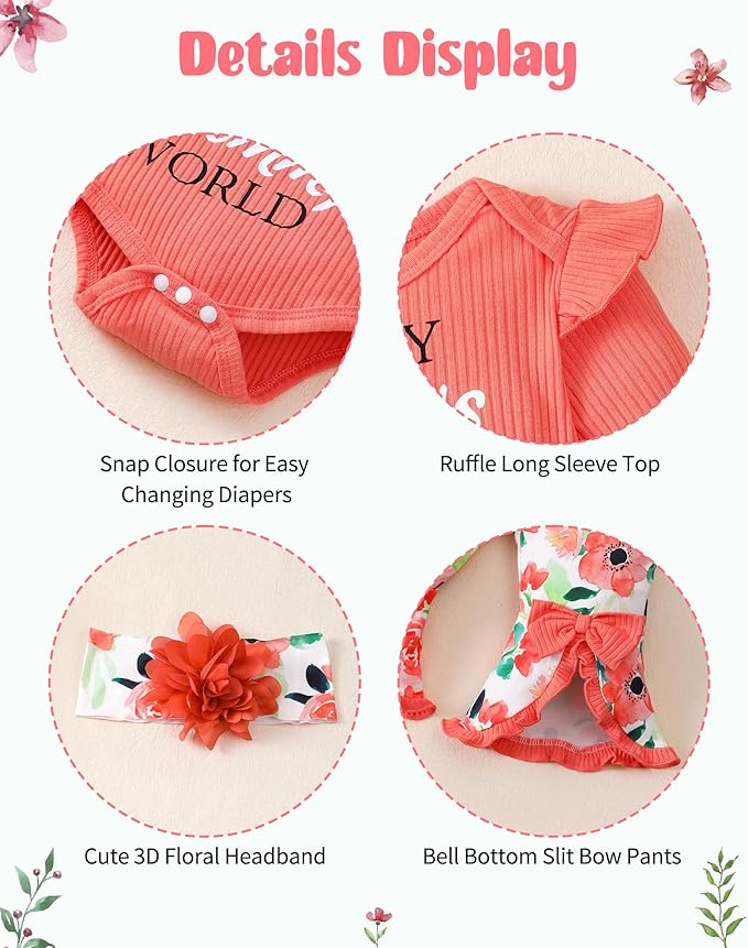 SUNNY PIGGY Newborn Baby Girl Clothes Infant Outfits Romper Floral Fall Outfit Bell Bottoms Pant Sets Hat Headband Flowerpant