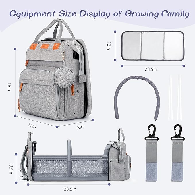 Baby Diaper Bag, Backpack with Changing Table, Unisex Baby Bag, with Diaper Pad, USB Charging Port, Insulated Pacifier Case, Multifunctional Waterproof Travel Diaper Bag, Gift for Newborn Baby (Grey)