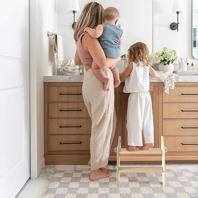 Wooden 2 Step Stool for Kids Bathroom Sink Foldable Anti-Slip 2-Step for Toilet Potty Training, Child Stepping Stool for Kitchen Nursery Bedroom, Sturdy Non Slip Adult Stool for Closet