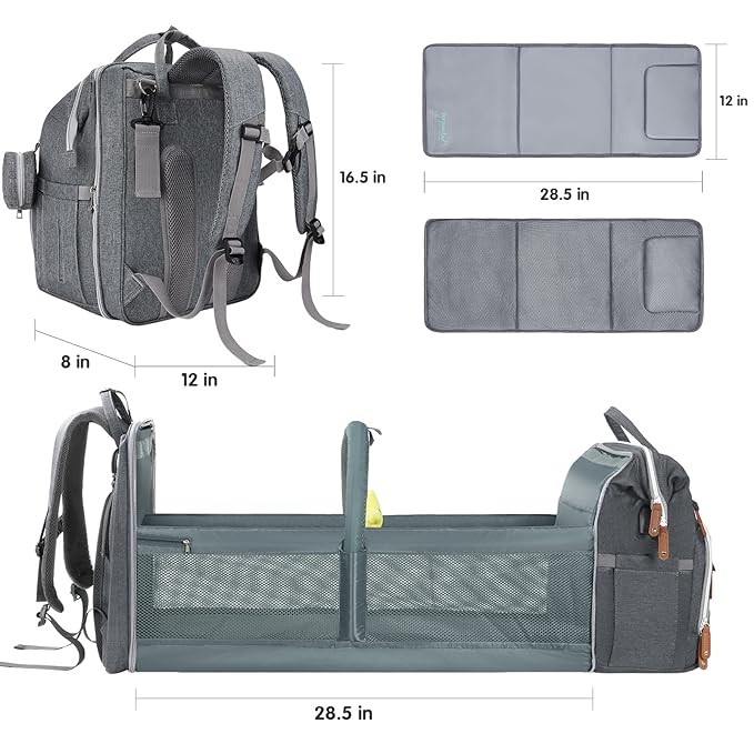 DERJUNSTAR Baby Diaper Bag Backpack with ChangingStation-Large Capacity Baby Bag for Boys & Girls, USBCharging Port, Pacifier Case, sunshade & Toy Bar,Waterproof, Pale Grey