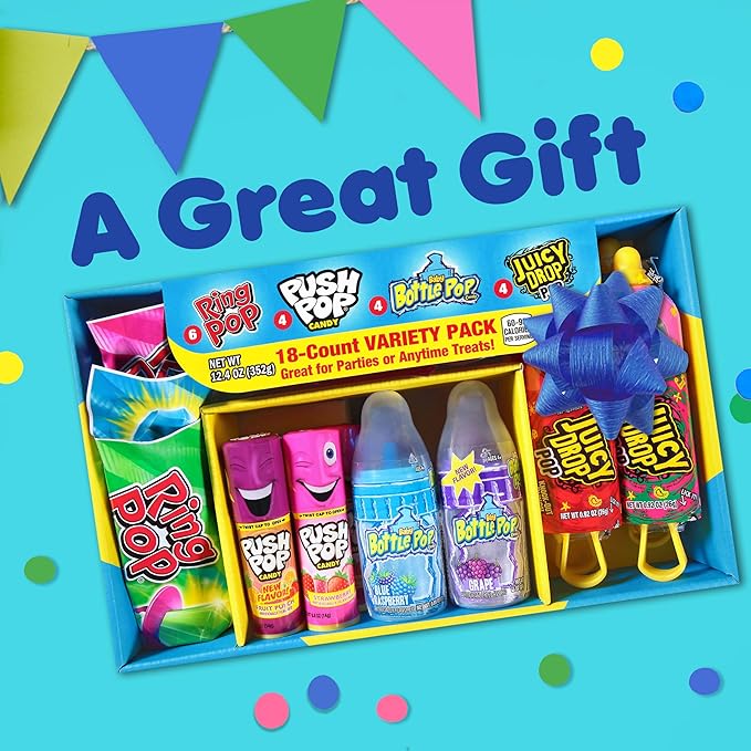 Candy Variety Pack, 18 Count Assorted Lollipops, Bulk Individually Wrapped Ring Pop, Push Pop, Baby Bottle Pop & Juicy Drop, Ideal for Birthdays, Party Favors for Kids & Hard Candy Gifts