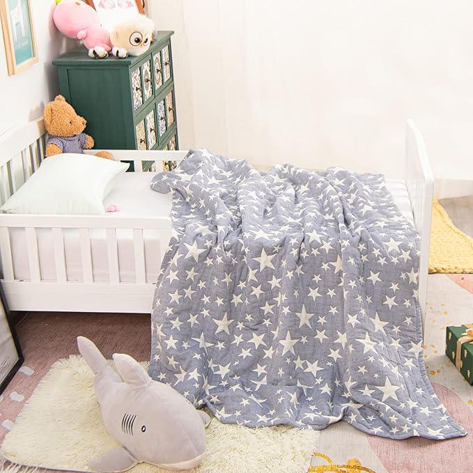 NTBAY 3 Layer Oversized Muslin Cotton Toddler Blanket, 45x60 Inches Jacquard Reversible Nursery Bed Blanket, Super Soft and Thermal Crib Blanket for All Seasons, Baby Gift, 45"x60", Blue/White Star