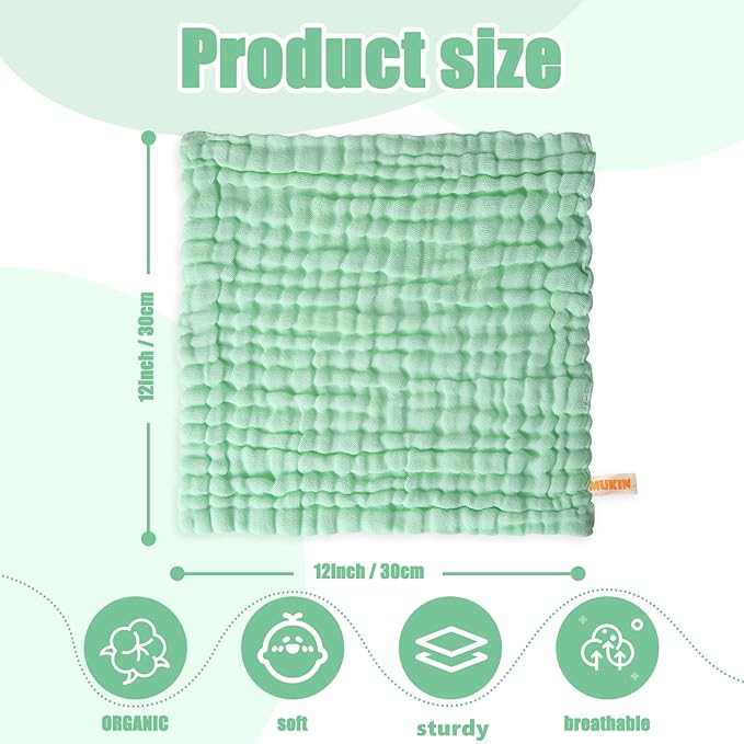 MUKIN Muslin Washcloths - Soft Face Cloths for Newborn, Absorbent Bath Face Towels, Wipes, Burp Cloths, Baby Registry as Shower. Pack of 10 (Green,Blue,White)