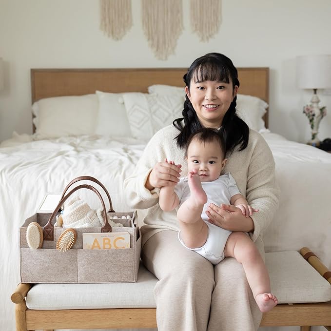 Lily Miles Baby Diaper Caddy Organizer, Nursery Storage Basket for Newborn Essentials, Neutral Gift for Baby Shower, Registry Must-Have, Car Organizer for Diapers and Wipes - Sand, Large