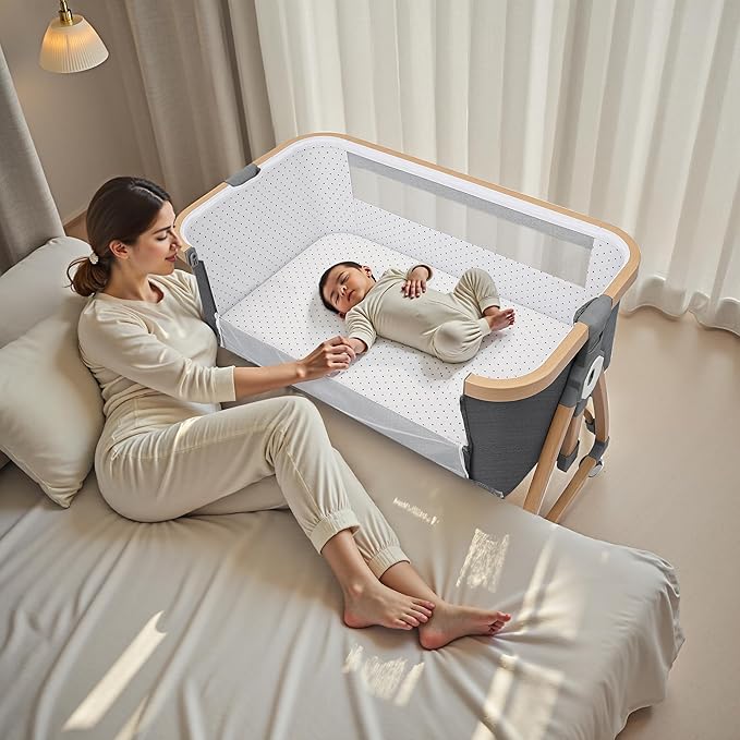 Baby Bassinet Bedside Sleeper CPSC Certified 3-in-1 Portable Crib with 4in Large Wheels 6 Height Adjustable Includes Mosquito Net Mattress Storage Basket Aluminum Alloy Woodgrain Gray