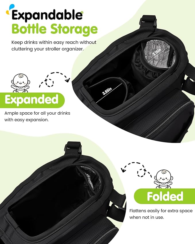 Double Stroller Organizer with 11 Compartment for Bob Duallie, Baby Jogger City Mini GT2, Double Jogging Stroller Caddy, Jeep, Zoe Stroller Accessories with 2 Insulated Pocket, Parent Console