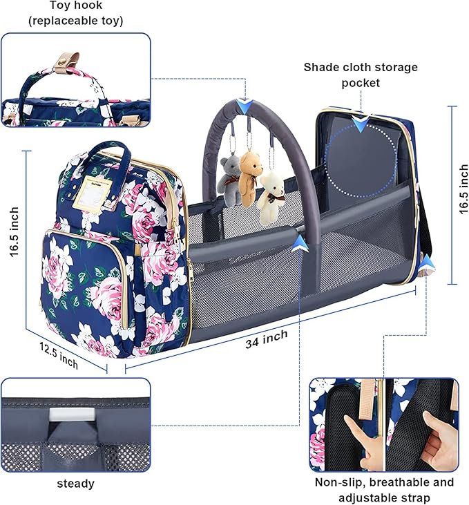 Diaper Bag Backpack with Changing Station, Foldable for Bady Toddler, 3 in 1 Large Capacity Newborn Essentials Organizer with Stroller Hook for Girls and Boys(Blue)