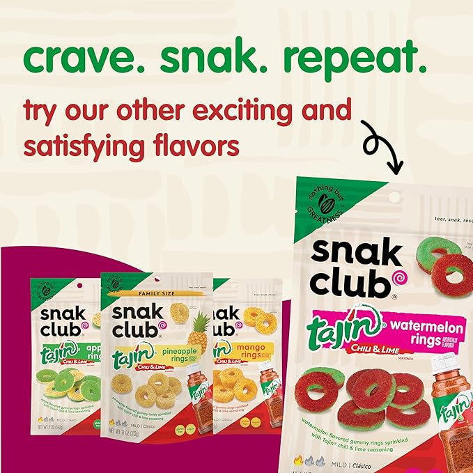 Snak Club Peach Rings, Tajin Chili & Lime Seasoned, Sweet and Spicy Gummy Candy, Mild in Heat Bold in Flavor, Low-Fat, Vegan, Gluten-Free Snack, Family Size, 11 Ounce