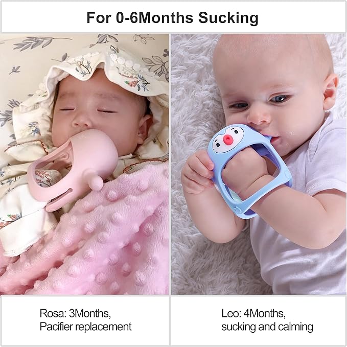 Smily Mia Teething Toys for Babies 0-12 Months, Penguin and Reindeer Baby Gift Set, Chew Toys 3M+, Hand Teether Set, Light Pink