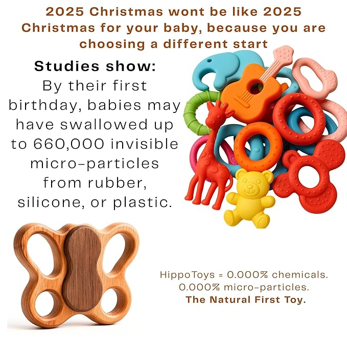 HippoToys 100% Natural Wooden Baby Rattle – Handmade Montessori Toy, Plastic-Free, No Toxins or Paint – Safe Gift for Newborns to 12 Months