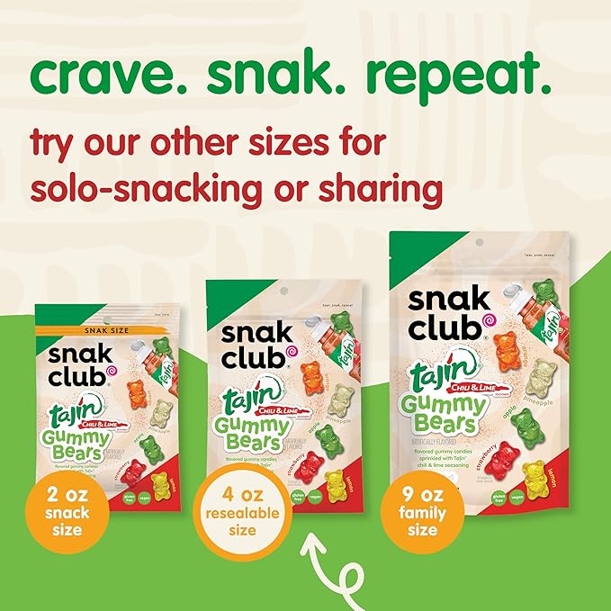 Snak Club Tajin Gummy Bears, Assorted Fruit Candy Gummies with Chili and Lime Seasoning, Mild, Gluten-Free and Vegan Snacks, 4 oz Resealable Bags, 6 Pack