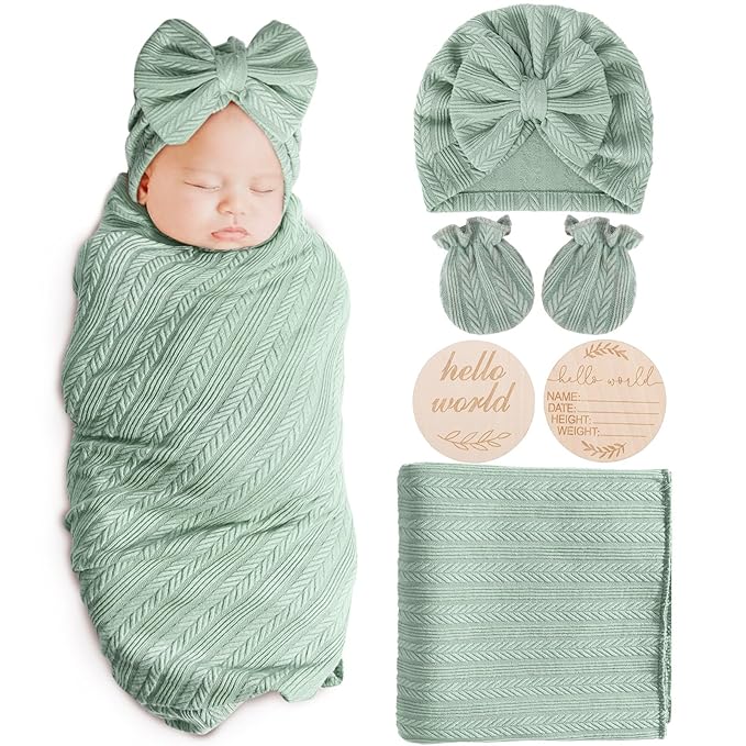 Newborn Receiving Blanket with Bow Hat Mittens Wooden Card Set Wheat-Pattern Newborns Toddler Baby Boy Girl Nursery Swaddle Wrap
