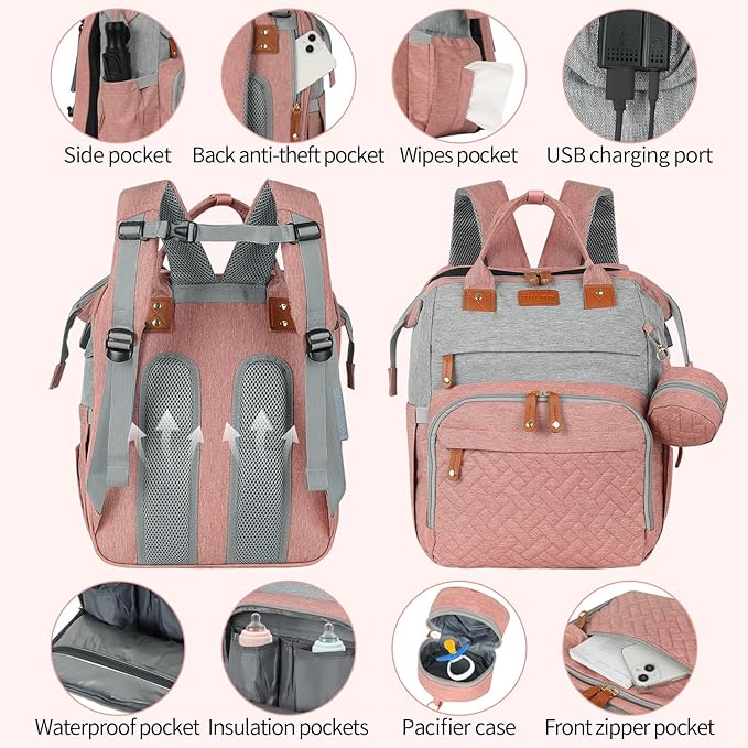 large diaper bag backpack,baby bag with changing station for Boys Girls,Multifunctional Diaper Bag,Mommy Bag With USB Charging Port(Pink Grey)