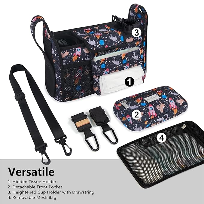 TOPDesign Universal Baby Stroller Organizer, Stroller Caddy with Detachable Mesh Bag & Heightened Insulated Cup Holders & Non-Slip Secure Hooks Accessories, Fits Most Strollers (Cats & Rockets)