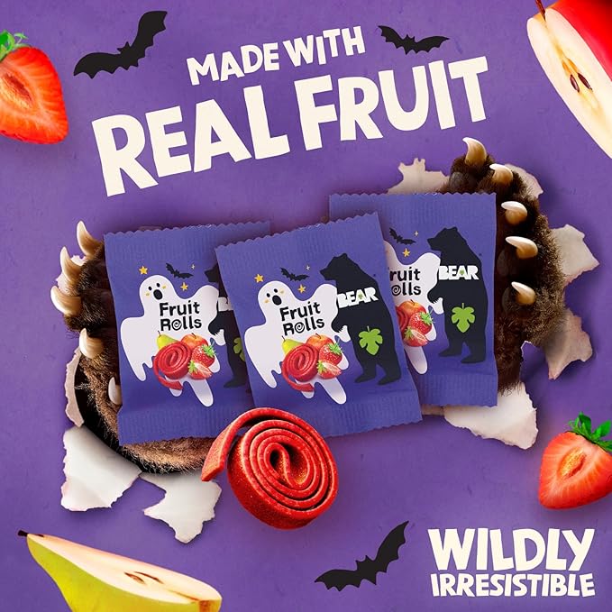BEAR Real Fruit Snack Rolls - Gluten Free, Vegan, and Non-GMO - Strawberry – Halloween Pack - Healthy School And Lunch Snacks For Kids And Adults, 0.34 Ounce (Pack of 20)