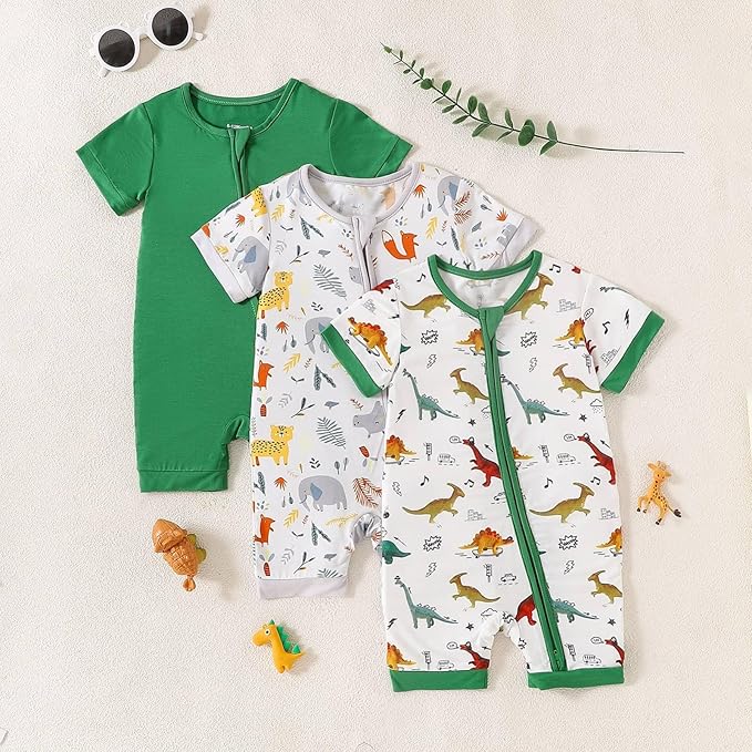 OPAWO Bamboo Baby Pajamas 3 Pack, Double Zipper Bamboo Sleepers for Baby Boy Girl Romper, Toddler Summer Clothes Outfit 0-24M